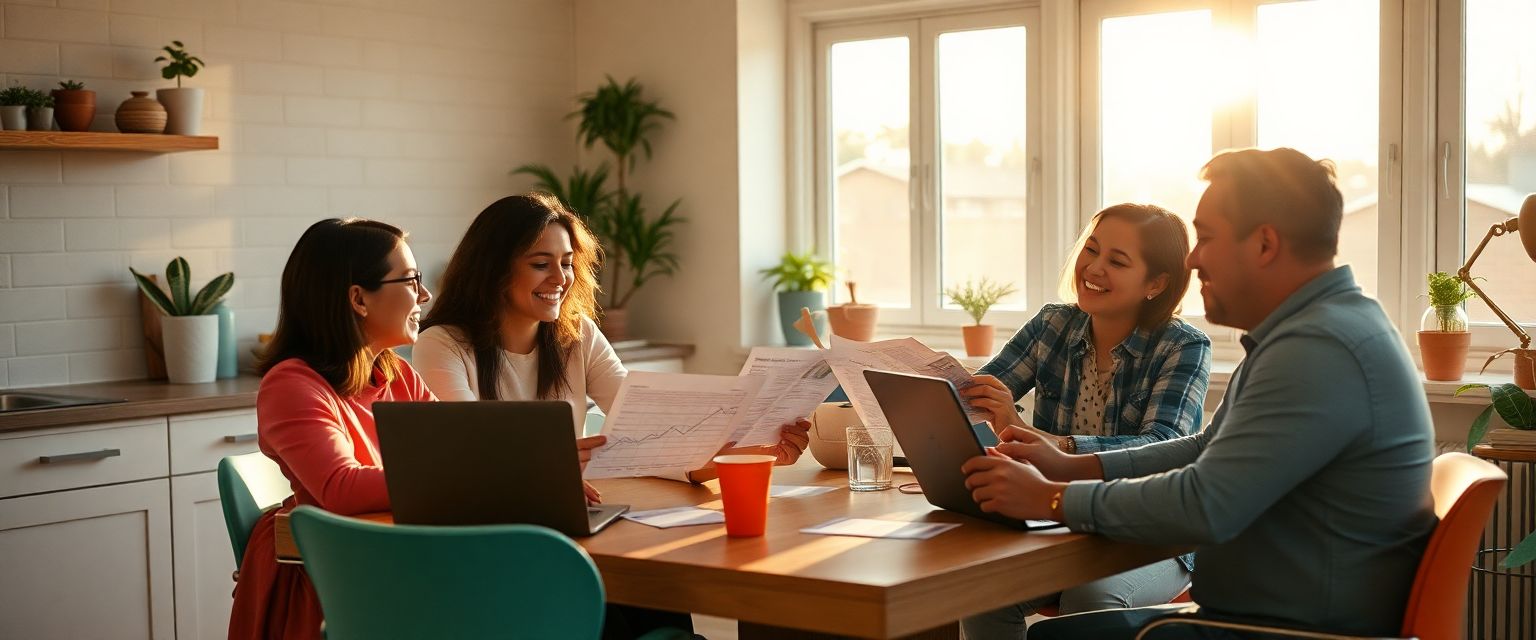 Diverse small-business team reviewing benefits options in a bright office